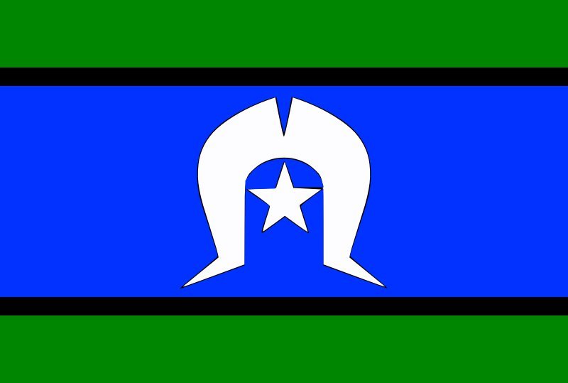 Torres Strait Islander flag featuring green, blue and black stripes with a white Dhari and five-pointed star.